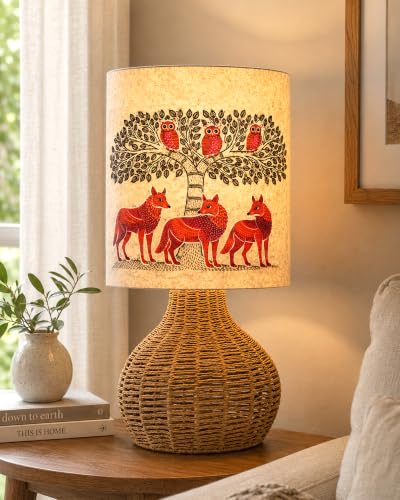 Image of Homesake Handwoven Rattan Table Lamp with Fabric Shade, Boho Bedside Lamp for Bedroom, Decorative Cane Lamp for Living Room, Warm Ambient Lighting, Raffia Spinning Home Decor, Gond Shade