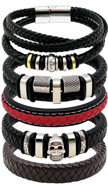 Leather Bracelets for Men 5pcs, Fashion Men's Bracelet Leather and Steel Braided Wrap Cuff Wirstband Bracelets with Closure Bangle Gift for men