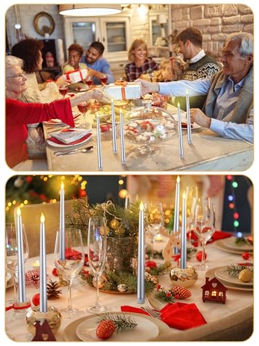 Image of Funtery 48 Pcs Flameless LED Taper Candles Battery Operated Candles Bulk Realistic LED Candlesticks Flickering for Wedding Church Party Home Decor(Silver,11 Inch,Classic Style)