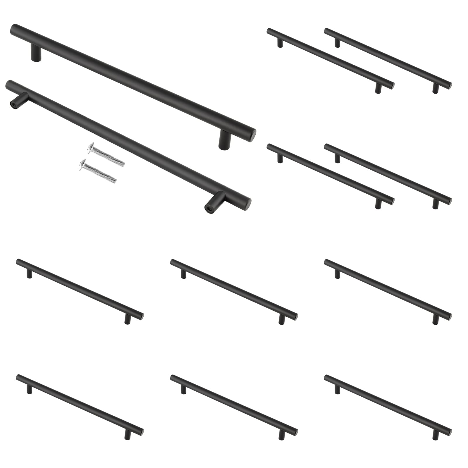 Matt Black Cupboard Handles - 128mm Hole Center T Bar Knobs, 12 Pack Stainless Steel Drawer Pulls - Long Wardrobe & Kitchen Cabinet Handles, 200mm Length for Bedroom & Drawer