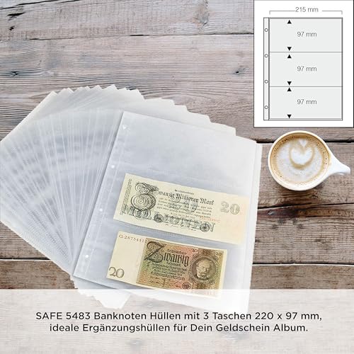 5er Pack SAFE 5483 Banknoten Hüllen - Banknotenhüllen - Ergänzungshüllen Banknoten Album - DIN A4 - mit 3 TASCHEN 97 x 220 mm GLASKLAR FÜR 6 BANKNOTEN - Zubehör FÜR ALLE SAFE RINGBINDER A4 - 480 - 481 - 4880 - 5100 - 5440 - 7921 - Ideal für grosse Banknoten + Geldscheine + Papiergeld + Notgeldscheine