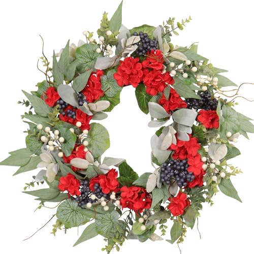 Quixem 22 Inch Red Geranium Wreath for Front Door UV Resistant Patriotic Floral Waterproof 4th of July Memorial Day Americana Summer to Fall Decor