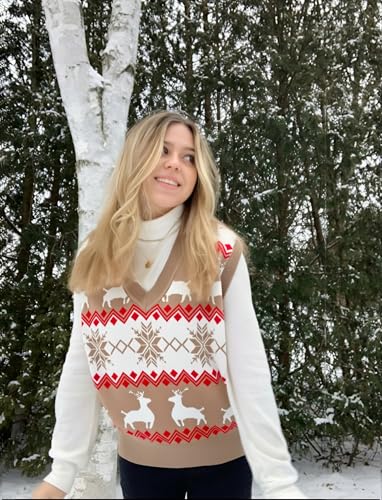 Image of JULYCLO Christmas Sweater Vest Women Ugly Xmas Reindeer Knit Sweaters Casual Santa Snowflake V Neck Sleeveless Outwear Tops