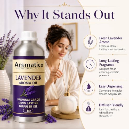 Image of AROMATICO Lavender Diffuser Oil with Strong, Long-Lasting Aroma. Premium Aroma Oil for Homes, Offices & Showrooms. Aromatherapy, Diffusers, Air Purifiers, Vaporizers - 1 L (1000 ml)