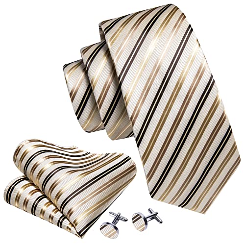 Image of Barry.Wang Tie Sets for Men Silk Stripe Necktie Woven Checkered Handkerchief Cufflinks Formal Business Wedding