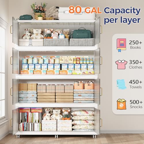 Image of 320 Gallon Extra Large Collapsible Storage Bin with Lid, 960QT Stackable Plastic Organizer with 6x Wheels, Foldable Drawer Cabinet for Closet, Living Room Office, Kitchen 4Pack, White