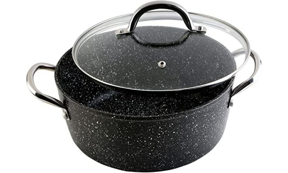WECOOK! Granite Casserole Dish High Induction Complete 24 cm Glass Lid, Forged Aluminium 4.2 Litres, Eco-Friendly Non-Stick PFOA Free Stone, Steel Handles, Suitable for All Cookers, Ceramic, Gas, Oven