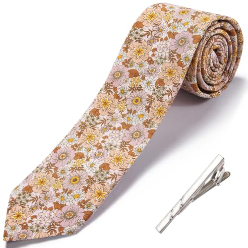 Image of Barry.Wang 100% Cotton Floral Ties for Men 63 inch Extra Long Necktie Clip | Fashion Cotton Printed Neckties,Wildflower 2.76 inch Ties Skinny,Gift Box,Groomsmen Wedding‌ Engagement Graduation