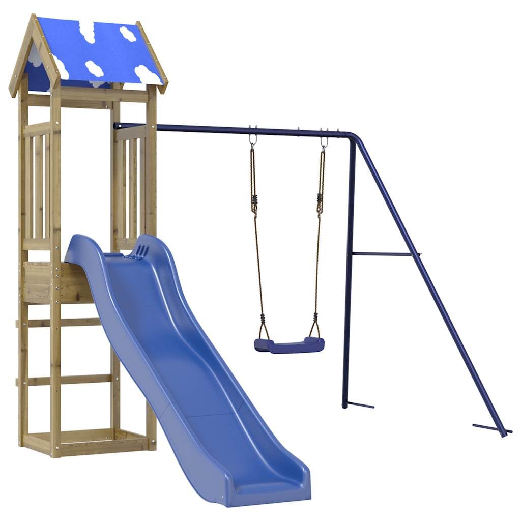 Torre da gioco in legno di pino impregnato con altalena, scivolo ondulato, sabbiera e struttura da arrampicata per bambini in giardino, stabile casetta per esterni con sedile, corda e trapezio