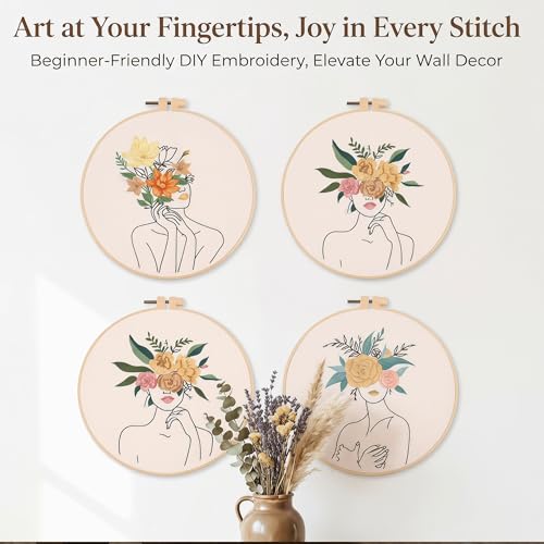 Image of Harimau Adult Beginner Embroidery Starter Kit, Complete Set with 4 Patterns, 2 Hoops, Needles, Scissors, Instruction Guide & Stitching Video Tutorials