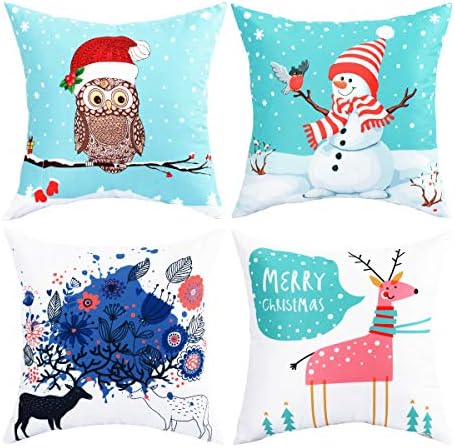 BLEUM CADE Pack of 4 Merry Christmas Decorative Pillow Cover Snowman and Deer Pillow Covers Elk Throw Pillow Cover Daily Cushion Cover for Christmas Home Office Car Sofa