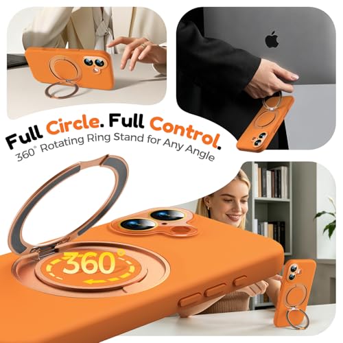 Image of Silicone 360 Spin Magnetic Stand Case for iPhone 17, [Compatible with Mag-Safe][Reinforced Hard Camera Protection]Shockproof Liquid Silicone Rubber Phone Case Cover with Ring, Camera Button, Orange