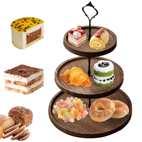 Miawtro Afternoon Tea Cake Stands, 3-Layer Wooden Cake Stand with Metal Handles,Polished Dessert Display Cupcake Stand,Retro and Elegant Cake Stand 3 Tier for Afternoon Tea Wedding Baby Birthday Party