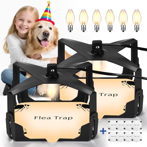 2 Pack Flea Traps Flea Trap for Inside Your Home Flea Light Indoor Bed Bug Traps with 6 Bulbs & 8 Sticky Pads Electric Fleas Trap Killer Odorless Pest Control Flea Treatment Trap for Kid Pet