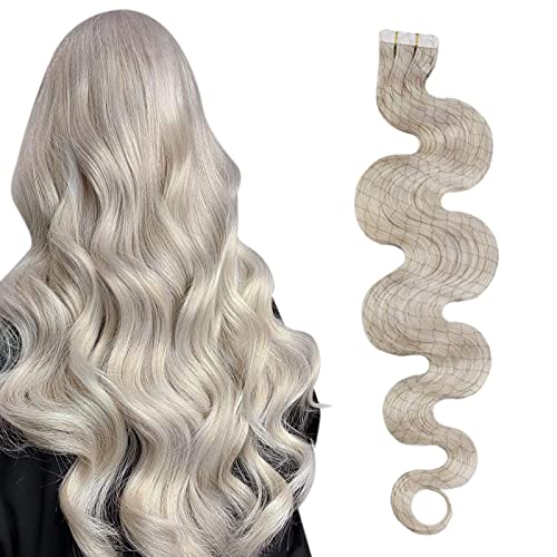 Ugeat Tape in Human Hair Extensions 18 inch Tape in Natural Invisible Human Hair Extensions #60A White Blonde Tape in Body Wave Hair Extensions Human Hair 50g/20pcs
