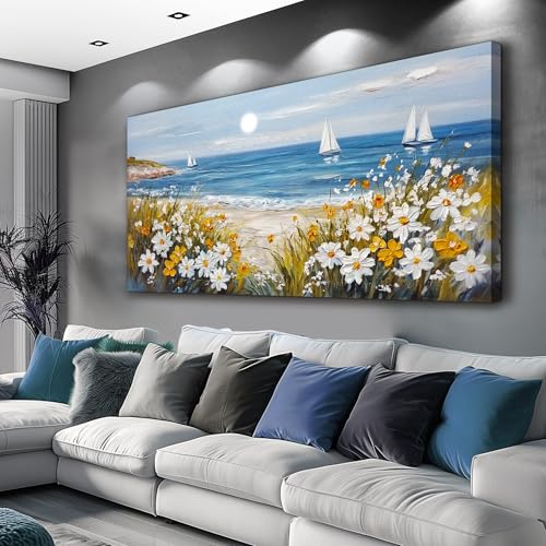 KELIYUAN Vintage Landscape Painting Home Decor Canvas Blue Ocean Beach Picture Print Wall Art For Living Room Farmhouse Dinin Mural White Flowers Bedroom Office Wall Decor Easy To Hang 20x40 Inches