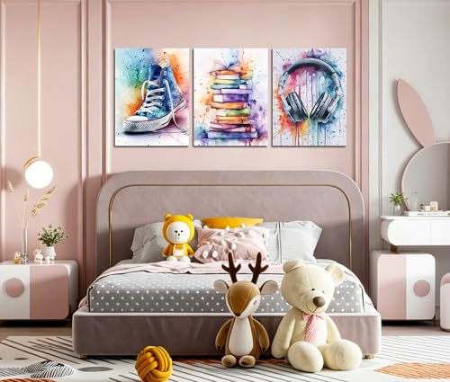 Image of Frimeeme 3Pcs Headphones Books Sneakers Print Poster, 12x16 inches