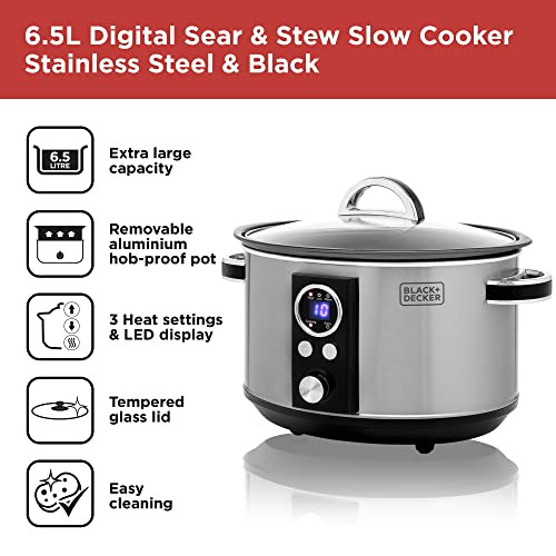 Black+Decker BXSC16045GB 6.5L Digital Sear & Stew Slow Cooker, Stainless Steel & Black - 2