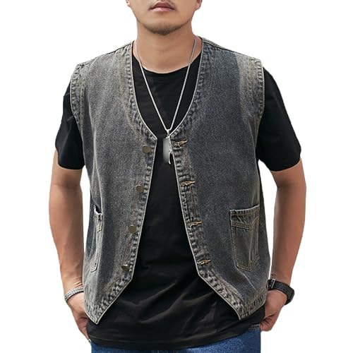 Men's Casual Oversized Denim Vest Double Pocket Sleeveless Jean Men Jacket Big & Tall Outdoor Work Vests