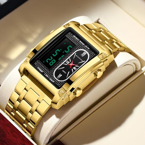 Image of Giordano Analog-Digital Quartz Watch for Men with LED Light, 3-Time Display, Date Function, 30M Water Resistance & Stainless Steel Strap