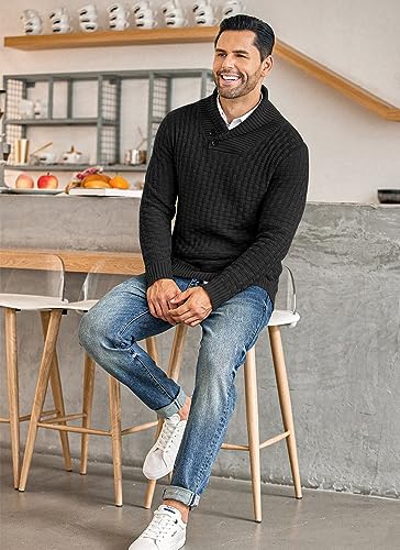 COOFANDY Men's Shawl Collar Pullover Sweater Casual Slim Fit Button Textured Knit Sweaters2