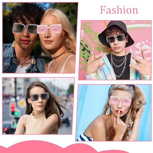 2 Pcs Oversized Glasses for Women, Square Sparkling Sunglasses Thick Frame Bling Crystal Sunglasses4