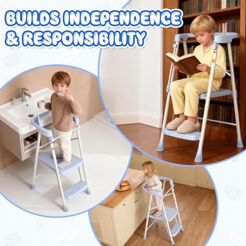 Image of HBTower Kids 2 Steps Step Stool,Toddler Tower for Kitchen Counter Learning,Toddler Kitchen Stool Helper with Anti-Drop Safty Railing Kids Standing Folding Stepper(Blue)