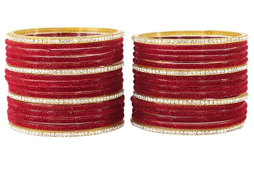Image of NMII Fancy Glass Golden Zircon Diamond Stone & Velvet Finish Plain Bangles Set For Women & Girls | Glass Velvet Bangles | Kanch ki Chudiyan | Girl's Bangles Bracelet | Fashion Jewellery- Set of 32