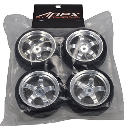Apex Rc Products 1/10 On-Road 12Mm Chrome 5 Spoke Wheels V Tread Rubber Tires (Set Of 4) #5005 #TOP1