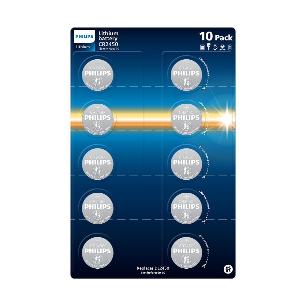 Philips Lithium 3 Volt CR2450 Batteries - Perfect for Medical Devices, Toys and Key Fobs, Pack of 10