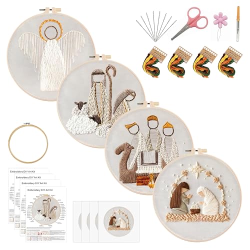 Image of KEKEMEOW 4 Pack Nativity Scene Embroidery Starters Kit for Beginners Embroidery Starting Sets for Adults with Stamped Patterns Colorful Threads Step by Step Instructions Hoop Needles Tools