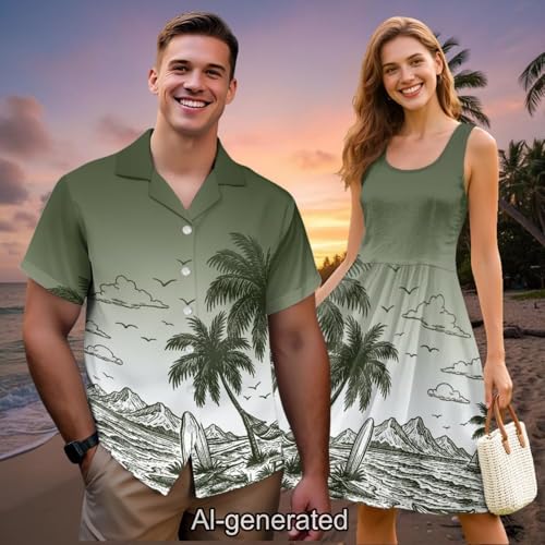 Image of Dreaweet Summer Dresses for Women A-Line Sleeveless Flowy Sun Dresses,Men's Casual Button-Down Shirts,Couple Matching Outfits