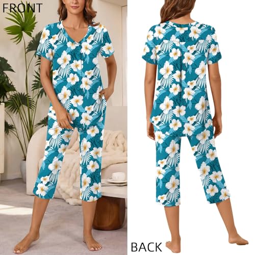 Image of Bestbee Women's Pajama Sets 2 Piece Lounge Outfits Summer Sleepwear V Neck Short Sleeve Capri Pant With Pockets Ladies Pjs