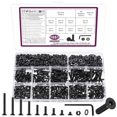 1051 Pcs Tornillos M3, Juego de Tornillos y Tuercas, Tornillos de Cabeza Avellanada con Tuercas, Tornillos de Cabeza Hueca Hexagonal de Cabeza Plana y Tuercas y Arandelas Kit, Negro