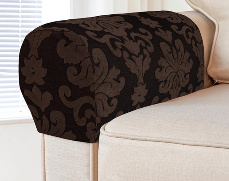 Yogsey 4 Pack Stretch Armrest Covers for Chairs and Sofas - Non Slip Arm Covers for Armchair and Couch (Chocolate)