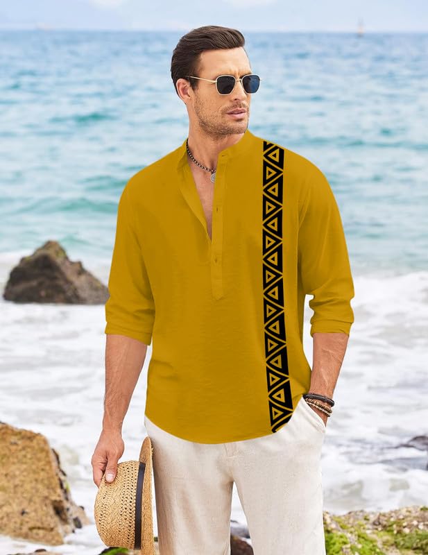 Image of FINIVO FASHION Men's Short Kurta with Printed Geometric Side Panel | Cotton Blend Full Sleeve Ethnic Topwear with Mandarin Collar | Stylish Indo-Fusion Kurta for Daily, Festive, or Casual Wear