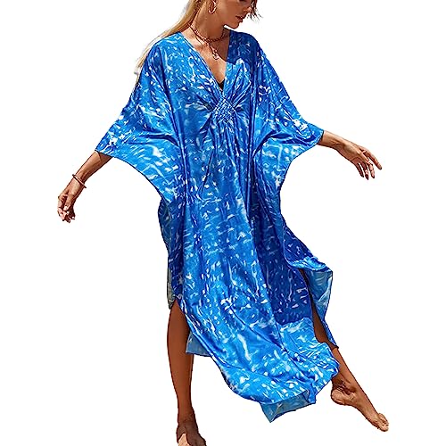 Image of sunforyou Kaftan Dresses for Women Plus Size Lightweight Swimsuit Cover up Batwing Sleeve Print Loungewear Beach Robe