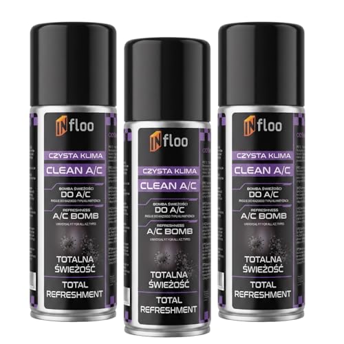 INfloo Clean A/C Detergente per climatizzatore auto 3x200 ml, spray per aria condizionata auto, neutralizza cattivi odori, rinfresca abitacolo e sistema di ventilazione