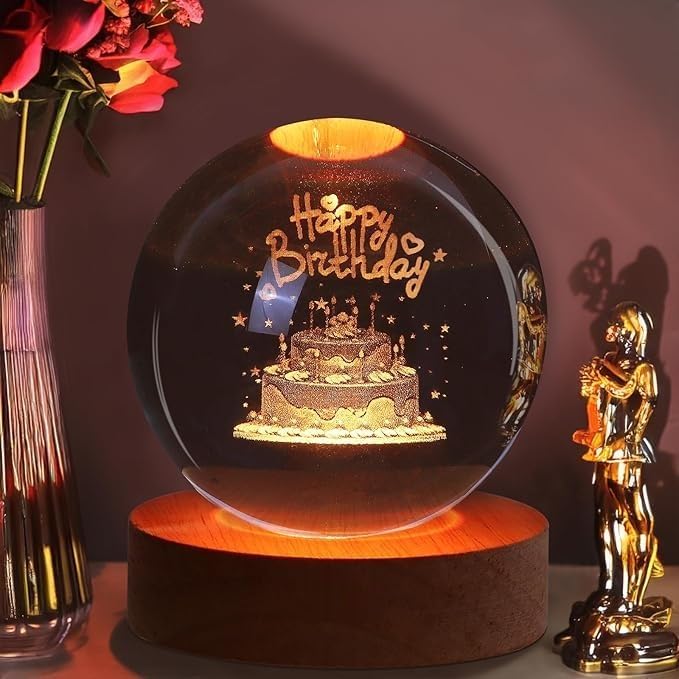 Image of 3D Crystal Ball LED Night Lamp with Wooden Base | Happy Birthday Theme Decorative Table Light for Celebration & Parties (Happy Birthday)