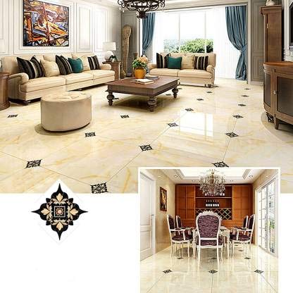 Ghar Kraft Vinyl Waterproof Self Adhesive Floor Sticker Tiles Sticker for Bedroom Living Room Kitchen Hall Puja Room Kids Room Home Decor, Set of 20 (Black with Golden Leaf), Fantasy