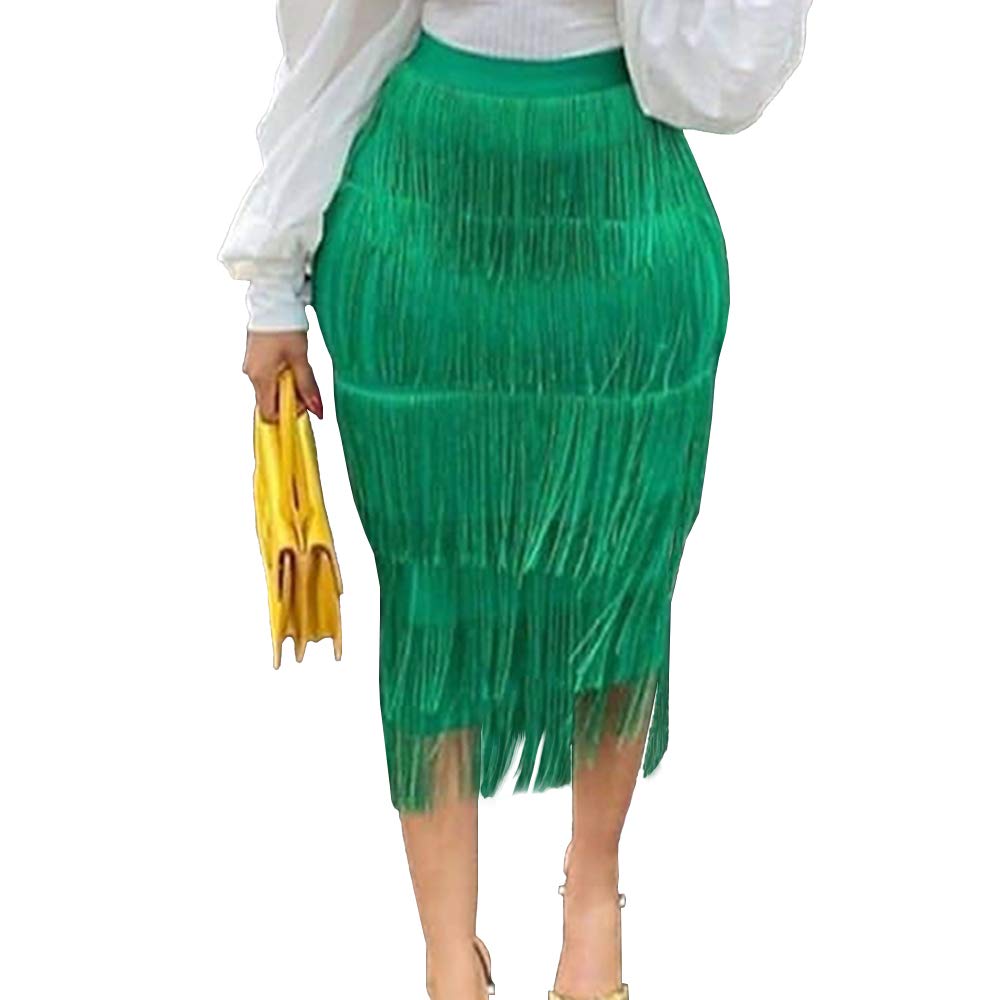 AOMEIWomen's High Waist Fringe Tiered Bodycon Pencil Midi Skirt