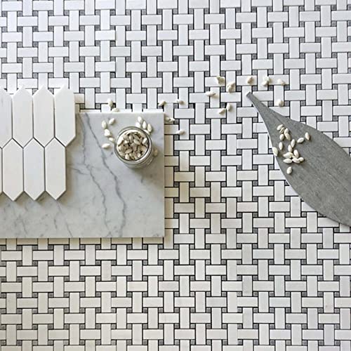 Tenedos Bianco Dolomite Basketweave Marble Mosaic Tile with Grey Dots, Polished Finish for Kitchen Backsplash, Bathroom Floor & Wall, Fireplace, Accent Wall (1 Sheet) - Thumbnail 3