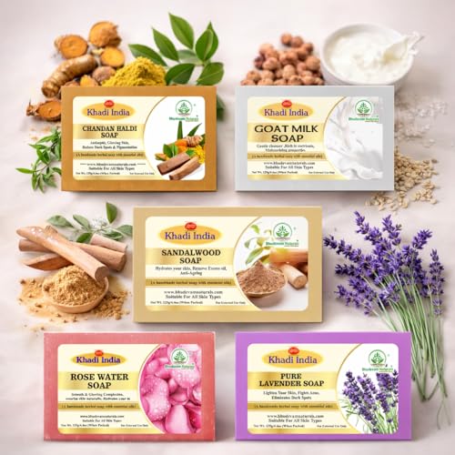 Image of Khadi Organic and Natural Handmade Bathing Soap for Men & Women By Bhudevam Naturals | Assorted Herbal & Chemical-Free Face and Body Soap for Gentle Cleansing & Healthy Skin (Mixed Bar Soap (Pack of 5))