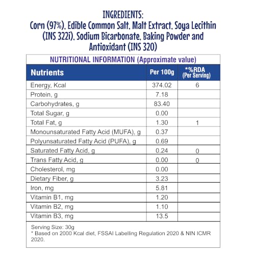 Image of 8AM Corn Flakes 500 Gram, No Added Sugar, 97% Corn, 99% Fat Free, No Cholesterol, Trans Fat, Artificial Additives, Vitamins B1, B2, B3, B6, B9, Iron, Calcium, Breakfast Cereal