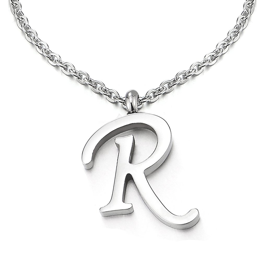 COOLSTEELANDBEYOND Nome Iniziale Lettera di Alfabeto da A-Z Ciondolo, Collana con Pendente da Donna Uomo, Acciaio, 50cm Corda Catena