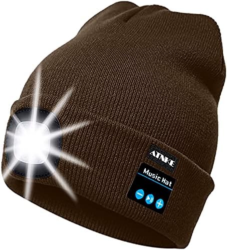 ATNKE LED Lighted Bluetooth Beanie Cap, USB Rechargeable Wireless Musical Running Hat Ultra Bright 4 LED Waterproof Light Lamp Use for Skiing Hiking Camping Cycling