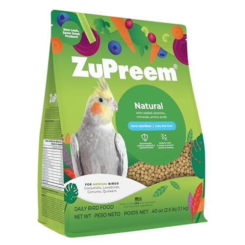 ZuPreem Natural Bird Pellets, Daily Bird Food for Cockatiel, Lovebird, Quaker, Small Conure, Lorikeet, Core Nutrition for Medium Birds, Added Vitamins, Cockatiel Pellets (M, 2.5 lbs)