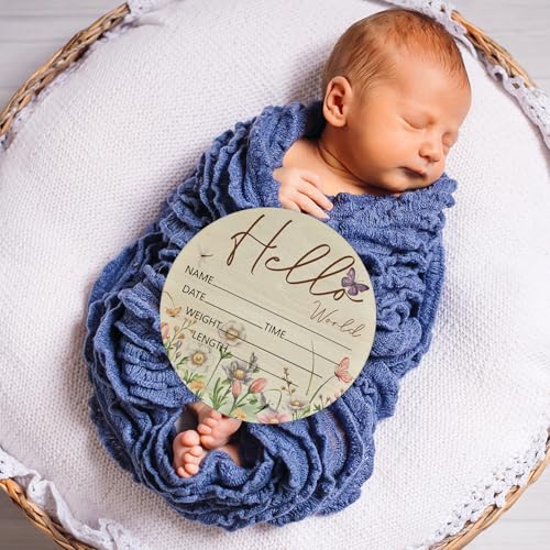 Image of Birth Announcement Sign Hello World Baby Name Wood Butterfly Theme | Round Wood Plaque with Butterfly & Floral Design, Custom Name Date Weight Length Great for Nursery Wall Baby Shower Gifts