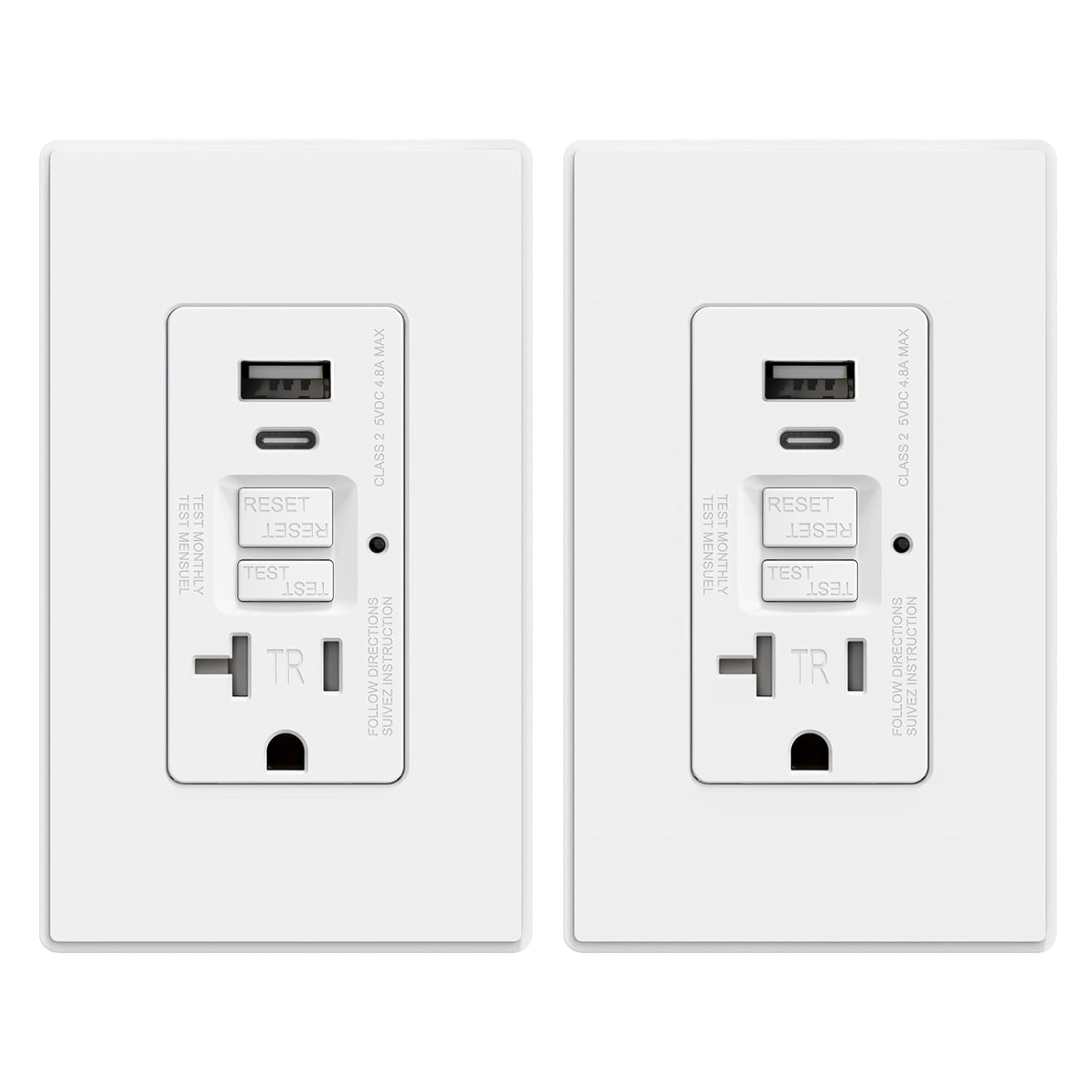 AIDA GFCI Outlet with USB Ports (Type-A & C) | 20 Amp Tamper-Resistant USB Charging Outlet | 24W Max Output, Self-Test LED Indicator, UL Listed w/Screwless Wall Plate, Matte White (2 Pack)