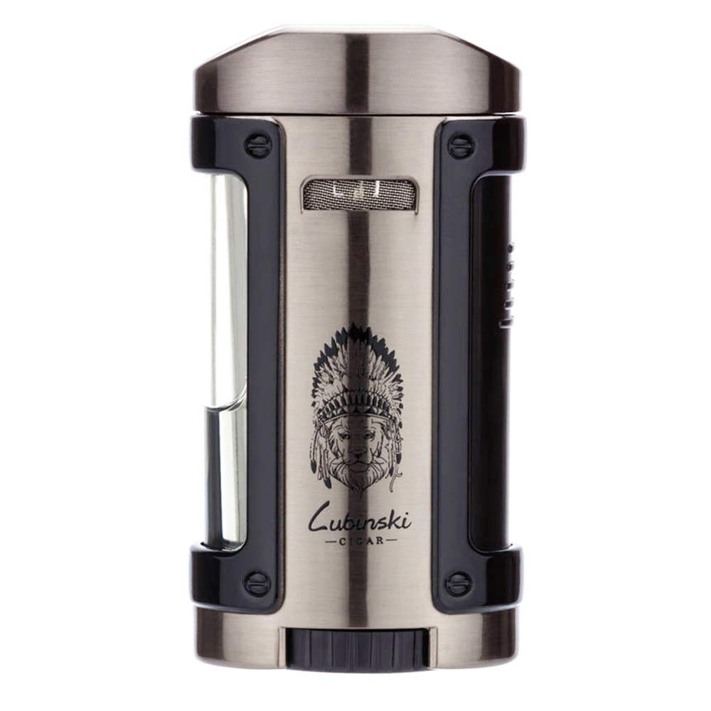 LUBINSKI Cigar Lighter, Windproof Quadruple 4 Torch Jet Lighter, Blue Flame Butane Gas Torch, Leather Case, Black